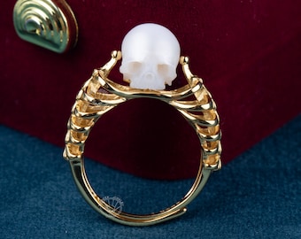 Skeleton Ring skull carved pearl ring rib shape ring handmade silver ring pearl engagement ring gothic ring for anniversary gift for lover