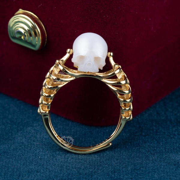 Skeleton Ring skull carved pearl ring rib shape ring handmade silver ring pearl engagement ring gothic ring for anniversary gift for lover