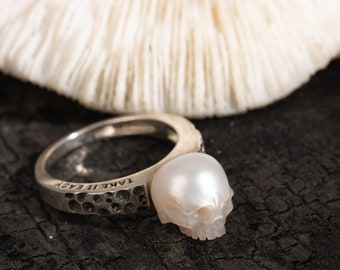 skull carved pearl ring freshwater pearl natural handmade 925 silver ring with encourage words wedding statement ring for wedding