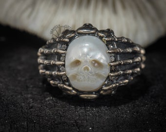 skull pearl ring Vintage ring Sterling Silver punk gothic biker ring for men handcarved pearl ring Promise Rings for him