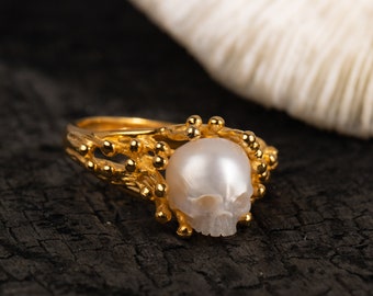 Pearl Skull Carved Ring Flowing Stream Sterling Silver Ring Gift for Her Engagement Ring Mother of Pearl Ring Gift for Women Dainty Ring