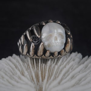 skull pearl ring Vintage devil&#39;teeth ring Sterling Silver punk gothic biker ring for men handcarved pearl ring Promise Rings for him