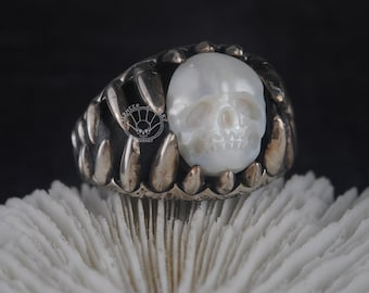 skull pearl ring Vintage devil'teeth ring Sterling Silver punk gothic biker ring for men handcarved pearl ring Promise Rings for him