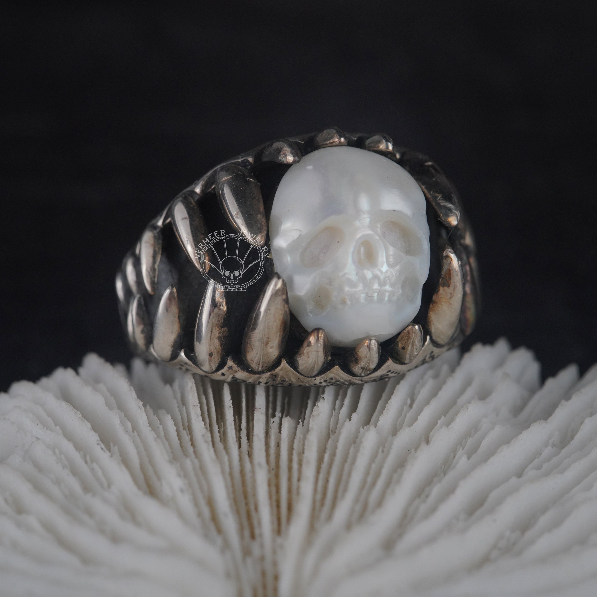 Handcarved Pearl Skull Ring: Sterling Silver Gothic Biker Jewelry