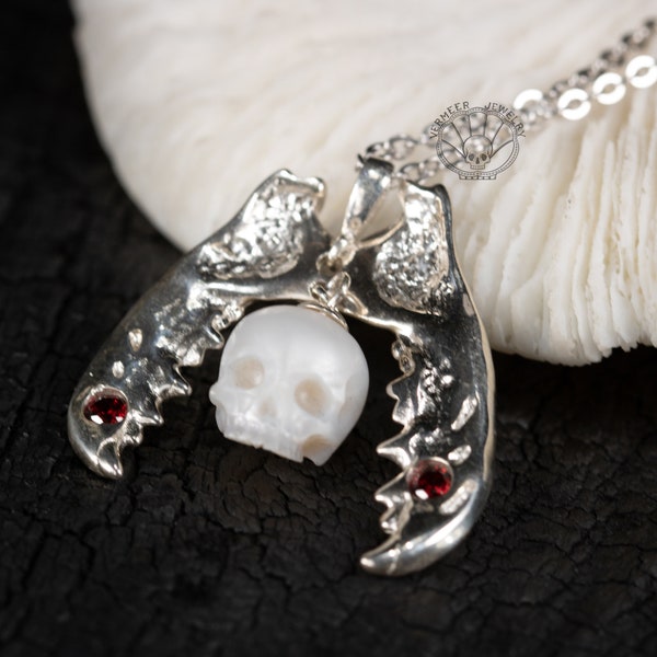 pearl Biting Mandible Necklace handmade jewelry skull carved pearl gothic jewelry Memento Mori Mourning Jewelry