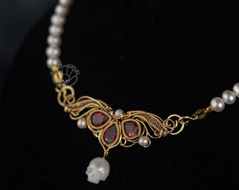 skull pearl necklace angel wings necklace-red gem necklace-spiritual gift- 14K Gold Filled Jewelry - Wire Wrapped Necklace
