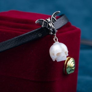 Skull Pearl Choker: Bat 925 Sterling Silver Gothic Necklace