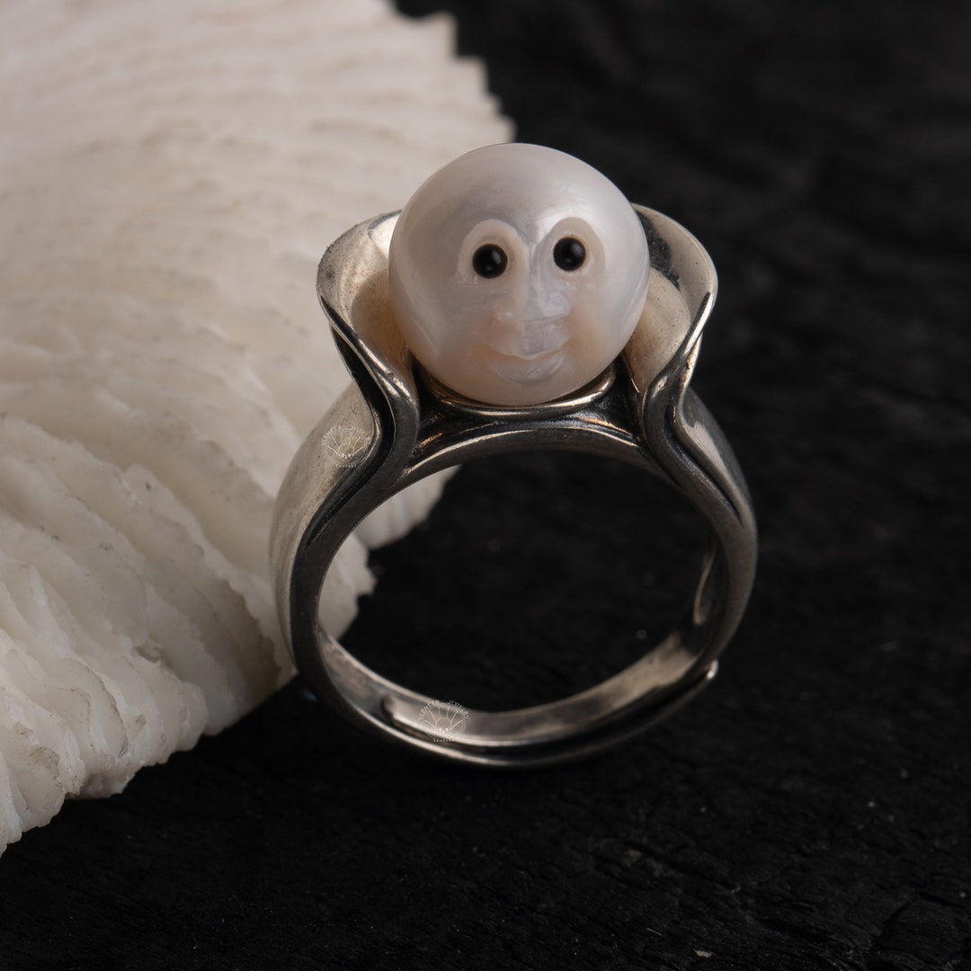 Handmade Sterling Silver Moon Face Pearl Ring: Unique Engagement