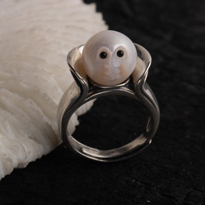 Moon Face Pearl Ring Gift for Her Hand Engraving Freshwater Pearl Proposal Ring for lover engagement ring