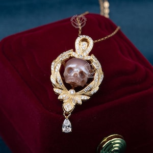 Hand Engraved Pearl Skull Necklace: Sterling Silver, Freshwater Pearl