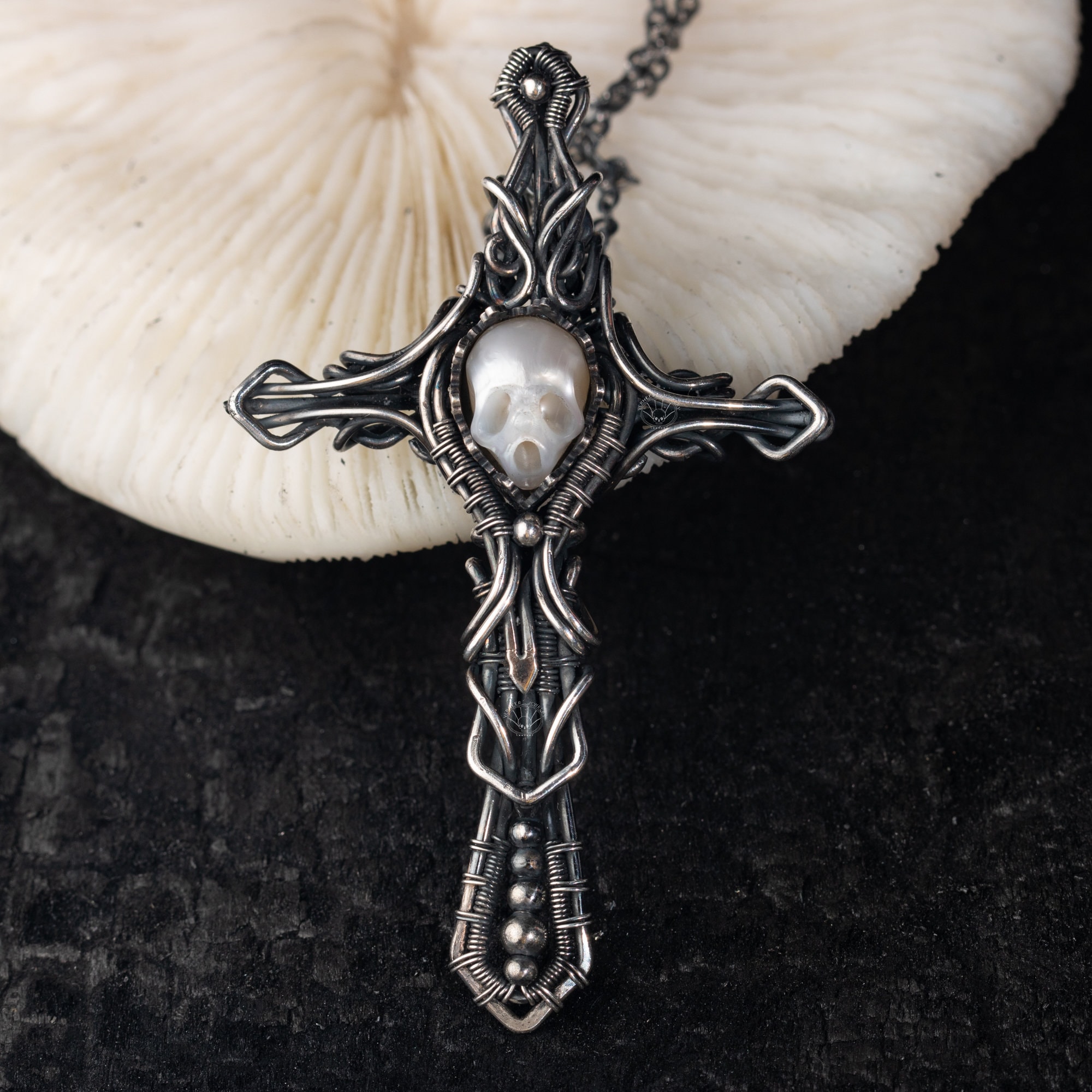 skull pearl necklace wire wrapped pendant cross shape necklace gothic necklace sterling silver necklace gift for wedding