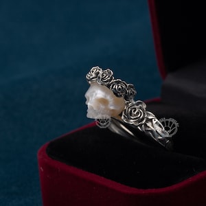 Artemis' Garland skull pearl ring handcarved freshwater pearl gothic ring skull with a wreath sterling silver ring engagement ring