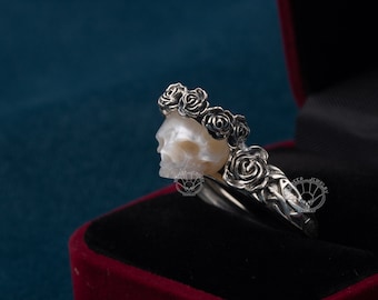 Artemis' Garland skull pearl ring handcarved freshwater pearl gothic ring skull with a wreath sterling silver ring engagement ring