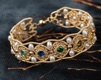 wire wrapped pearl bracelet 14k gold filled multi gem Thanos bangle gorgeous handmade gift for woman Memento Mori Mourning Jewelry