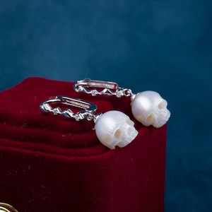 Simple Hook Clasp Earring skull carved pearl earring sterling silver earring hoop real pearl gothic jewelry handmade gift for wedding