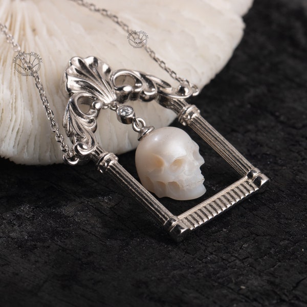 skull pearl necklace gothic jewelry handcarved freshwater pearl full jaw skull silver necklace gift for wedding