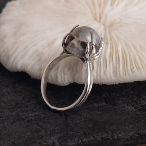 May include: A silver ring with a skull design holding a pearl. The ring is on a white coral background.