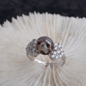 The Lover Ring pearl skull ring handcarved 925sterling silver ring with zircon heart shape  statement ring for wedding