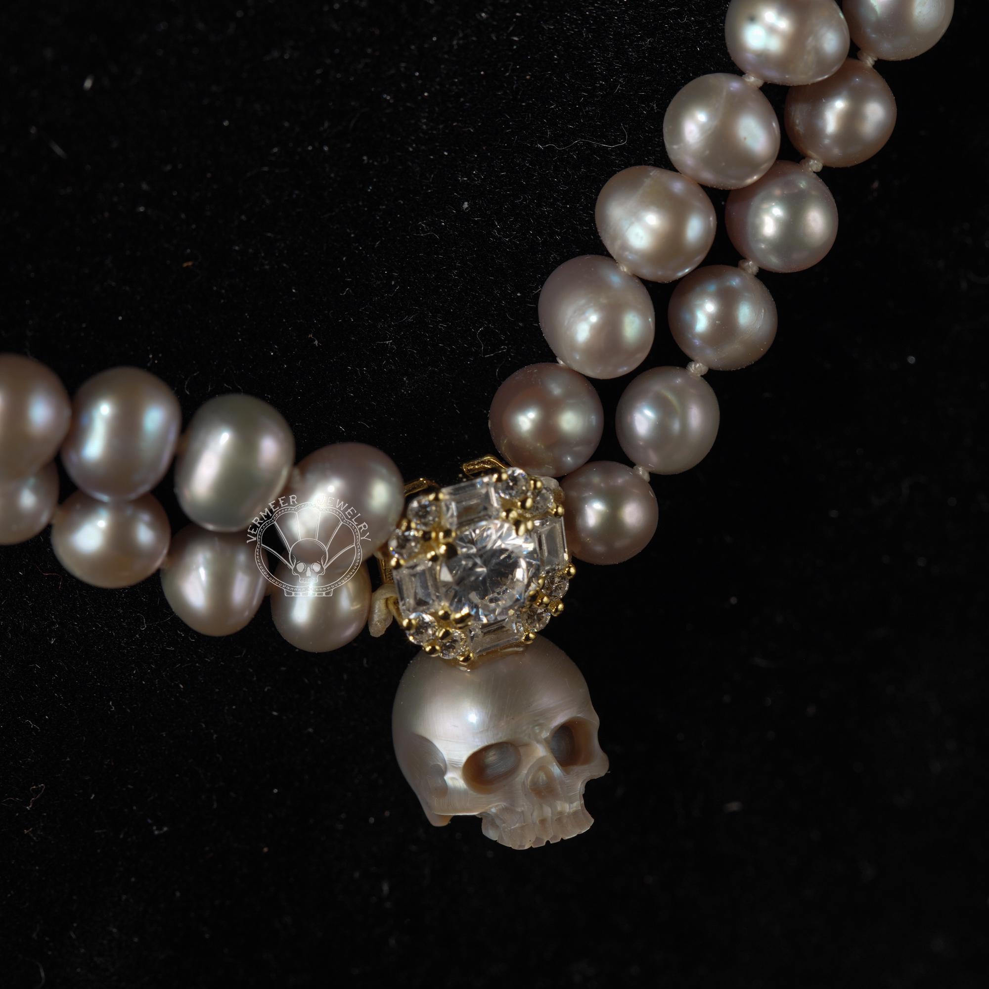 Skull Carved Pearl Necklace: Gothic Bridal Jewelry, Sterling Silver Clasp