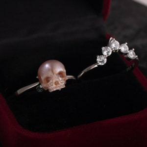 Pearl Skull Ring ''Be My Queen'' with Crown 2 Pieces Silver Rings Gift for Her Gothic Jewelry Statement Ring stackable ring for Women pink
