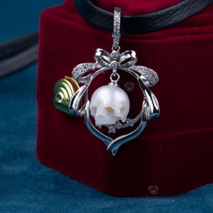 Skull Carved Pearl Choker: Handmade 925 Sterling Silver Gothic Necklace