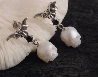Vampire Earrings for Women Skull Carved Pearl Earring Elegant Earrings Sterling Silver Bat Shape with Black Onyx Gothic Earring Gift for Her