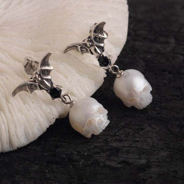 Vampire Earrings for Women Skull Carved Pearl Earring Elegant Earrings Sterling Silver Bat Shape with Black Onyx Gothic Earring Gift for Her