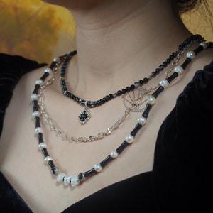 Skull Pearl Layered Necklace: Black Onyx, Sterling Silver Clasp