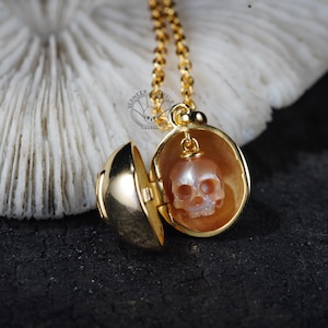 Handcarved Pearl Skull Locket Necklace: Sterling Silver Cage, Freshwater Pearl