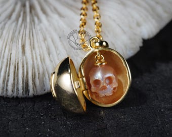 Handcarved Pearl Skull Locket Necklace: Sterling Silver Cage, Freshwater Pearl