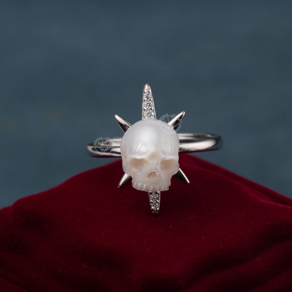Handmade Sterling Silver Skull Ring: Carved Pearl Memento Mori Jewelry