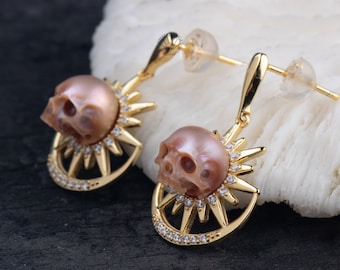 Boucle d'oreille en forme d'étoile de perle sculptée de crâne de lune et de soleil S925 vraie perle d'eau douce bijoux gothiques cadeau fait main pour le mariage
