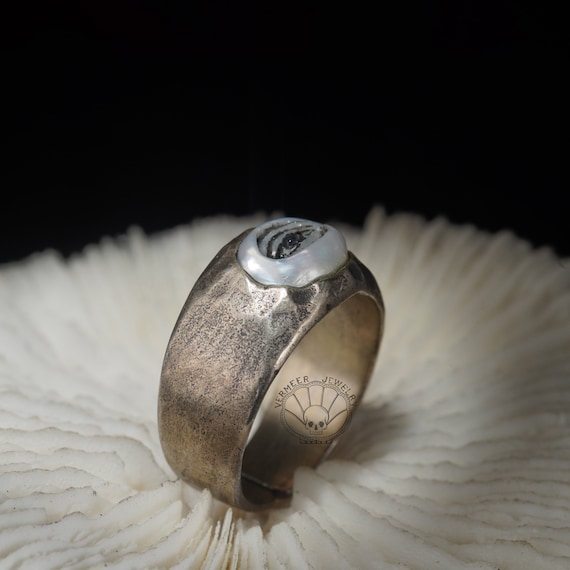 Carved Pearl Ring: Sterling Silver Eye of Providence, Gothic Biker Style