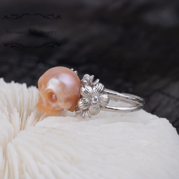 Handmade Skull Pearl Ring: 925 Silver Venus Garden Ring
