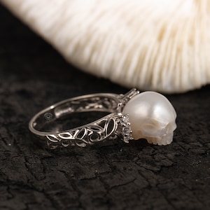 skull carved pearl ring handmade 925 silver engagement ring ''Secret Garden'' with zircon for wedding Memento Mori Mourning Jewelry