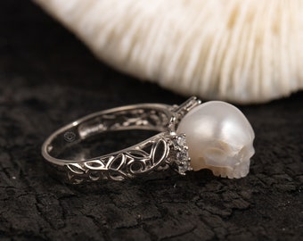 skull carved pearl ring handmade 925 silver engagement ring with zircon for wedding Memento Mori Mourning Jewelry