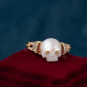 Moon Ring skull carved pearl ring  pink and purple freshwater pearl  handmade 925 silver engagement ring with zircon for wedding