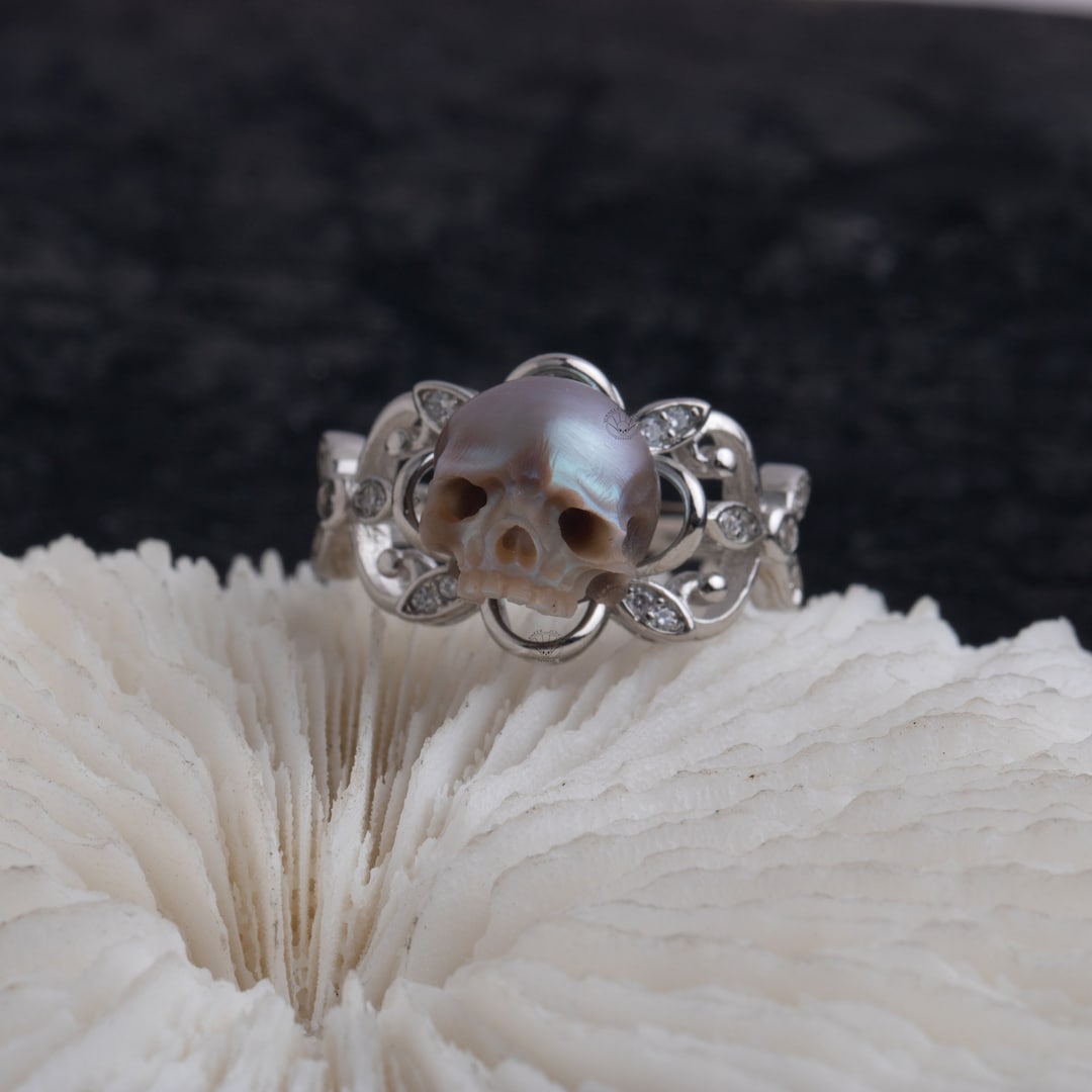 Hammurabi Ring Pearl Skull Ring Sterling Silver Pearl Carved Skull