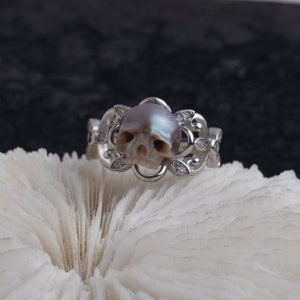 Hammurabi Ring pearl skull ring sterling silver pearl carved skull ring engagement ring gift for wedding for lover