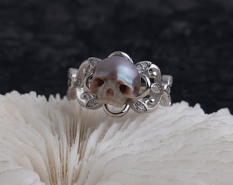 Hammurabi Ring pearl skull ring sterling silver pearl carved skull ring engagement ring gift for wedding for lover