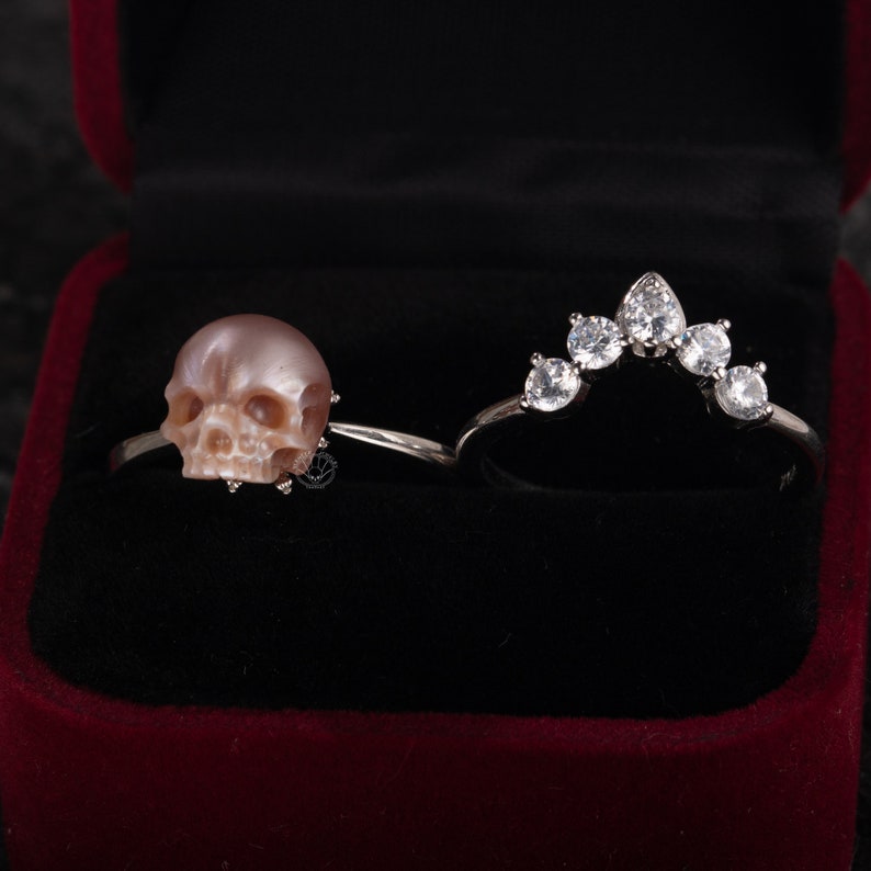 Pearl Skull Ring ''Be My Queen'' with Crown 2 Pieces Silver Rings Gift for Her Gothic Jewelry Statement Ring stackable ring for Women image 3