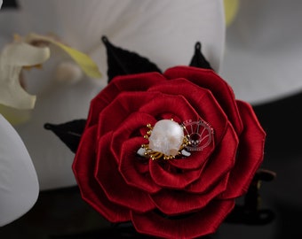 skull carved pearl brooch handmade silk flower brooch black and red rose shape gothic wedding hair comb gift for wedding