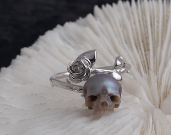 Rose Promise Ring pearl carved skull ring  freshwater pearl 11-13mm handmade rose shape 925 silver engagement ring for wedding for mother