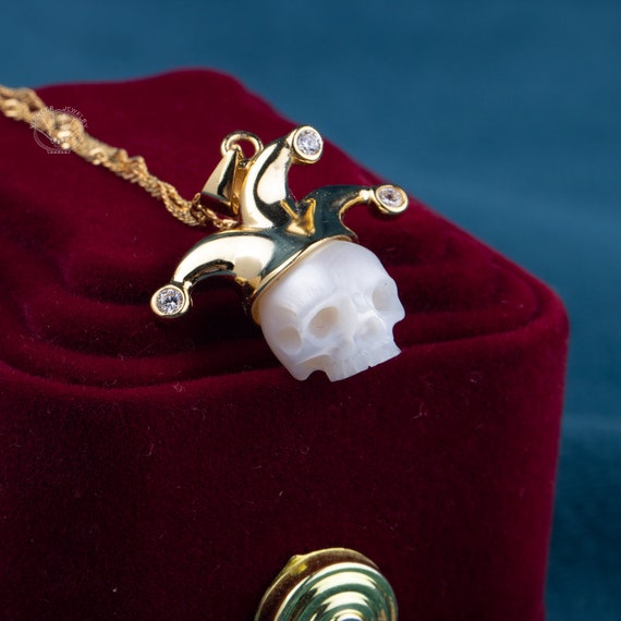 Handcarved Skull Pearl Necklace: Gothic Jester, Sterling Silver