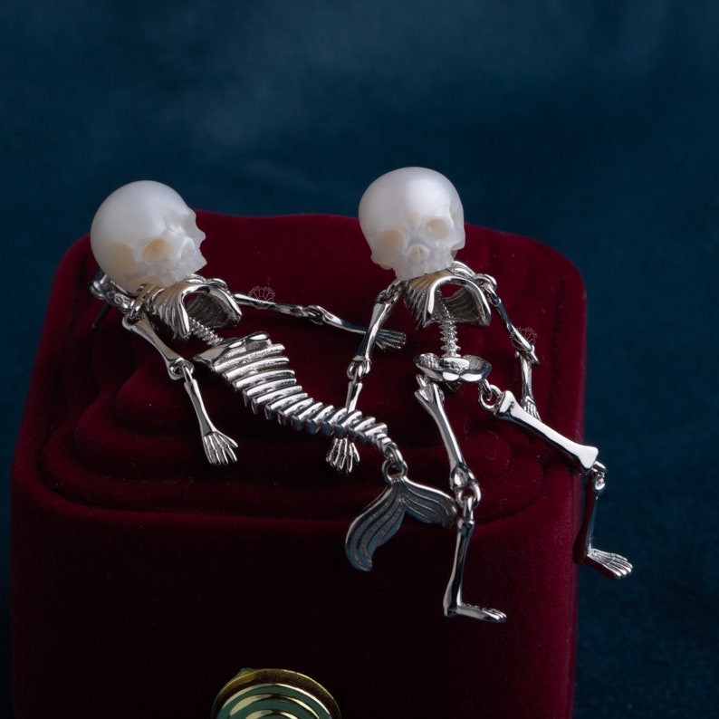 Mermaid and Gentlemen Skeleton moveable Earring Gift for Her Skull Pearl Earrings for lover Gothic Earring for wedding Sliver pearl Earring image 6