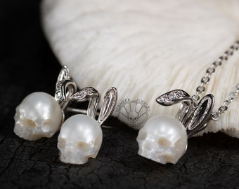 Schädel geschnitzte Perlenkette: Sterlingsilber Häschenohrringe, Ostern Geschenk