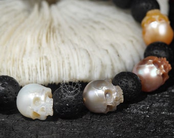 skull carved pearl bracelet  four colors freshwater pearl black volcano stone energy bracelet Memento Mori Mourning Jewelry