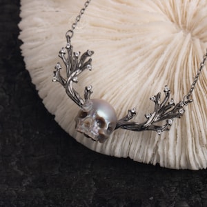Handmade Skull Pearl Necklace: 925 Sterling Silver Antler Gothic Jewelry