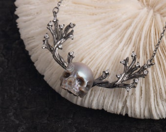 skull carved pearl necklace antler shape handmade 925sterling silver necklace gift for Chirstmas gothic jewelry