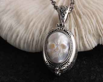 Carved Skull Pearl Necklace Memory Locket Gift for Her Statement Necklace Anniversary Gift Vintage Necklaces for Women ash keeper photo box
